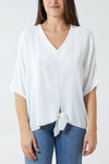 Oversized V Neck Tie Detailed Top with 3/4 Sleeves in White