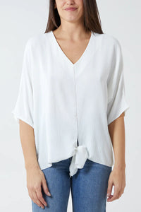 Oversized V Neck Tie Detailed Top with 3/4 Sleeves in White