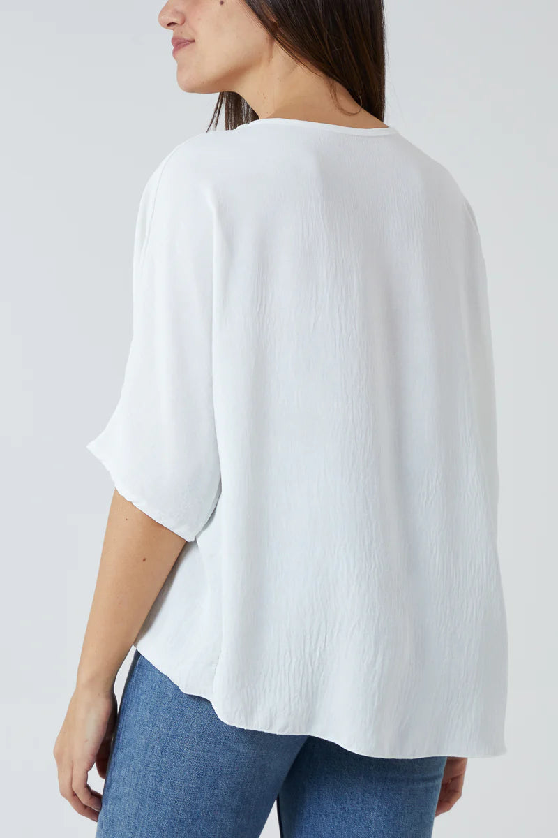 Oversized V Neck Tie Detailed Top with 3/4 Sleeves in White