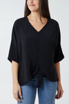 Oversized V Neck Tie Detailed Top with 3/4 Sleeves in Black