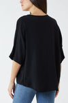 Oversized V Neck Tie Detailed Top with 3/4 Sleeves in Black