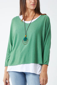 Oversized Long Sleeves Layered Blouse With Necklace In Light Green And White