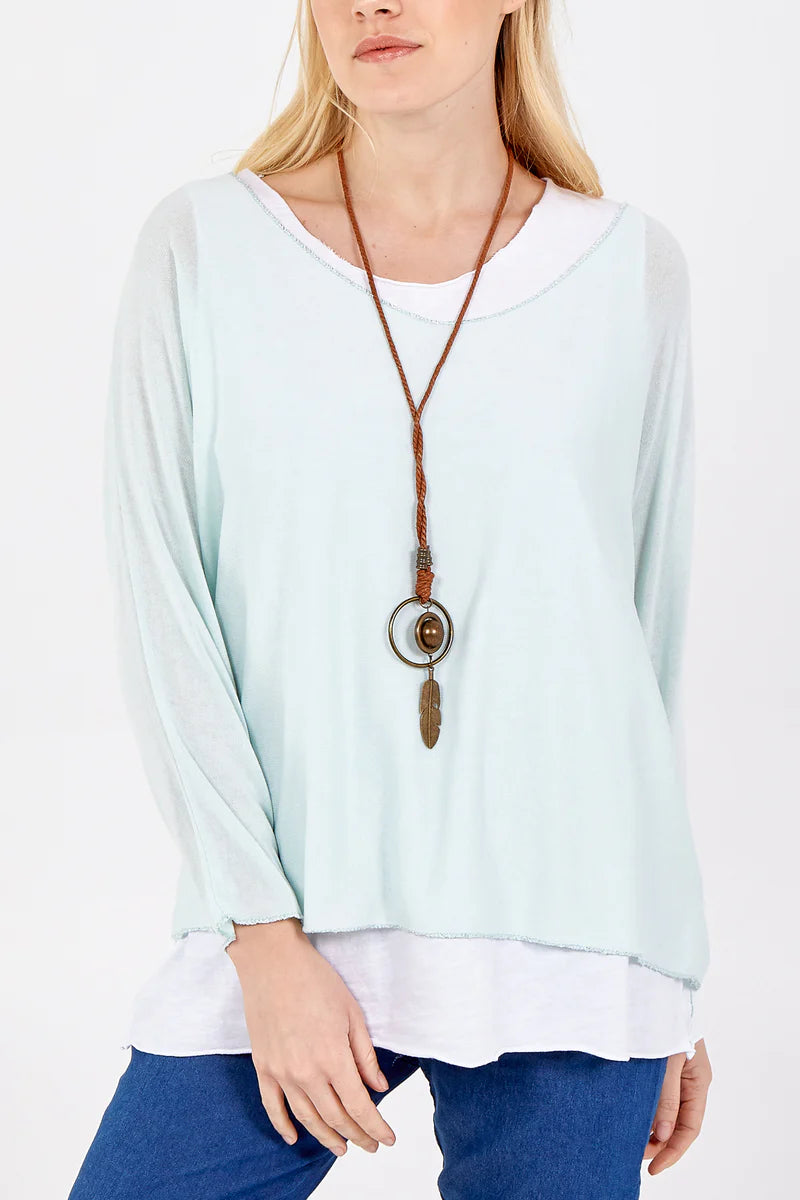 Oversized Long Sleeves Layered Blouse With Necklace In Mint And White
