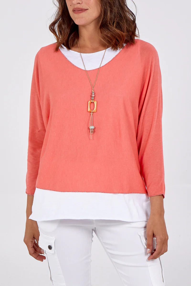 Oversized Long Sleeves Layered Blouse With Necklace In Coral And White