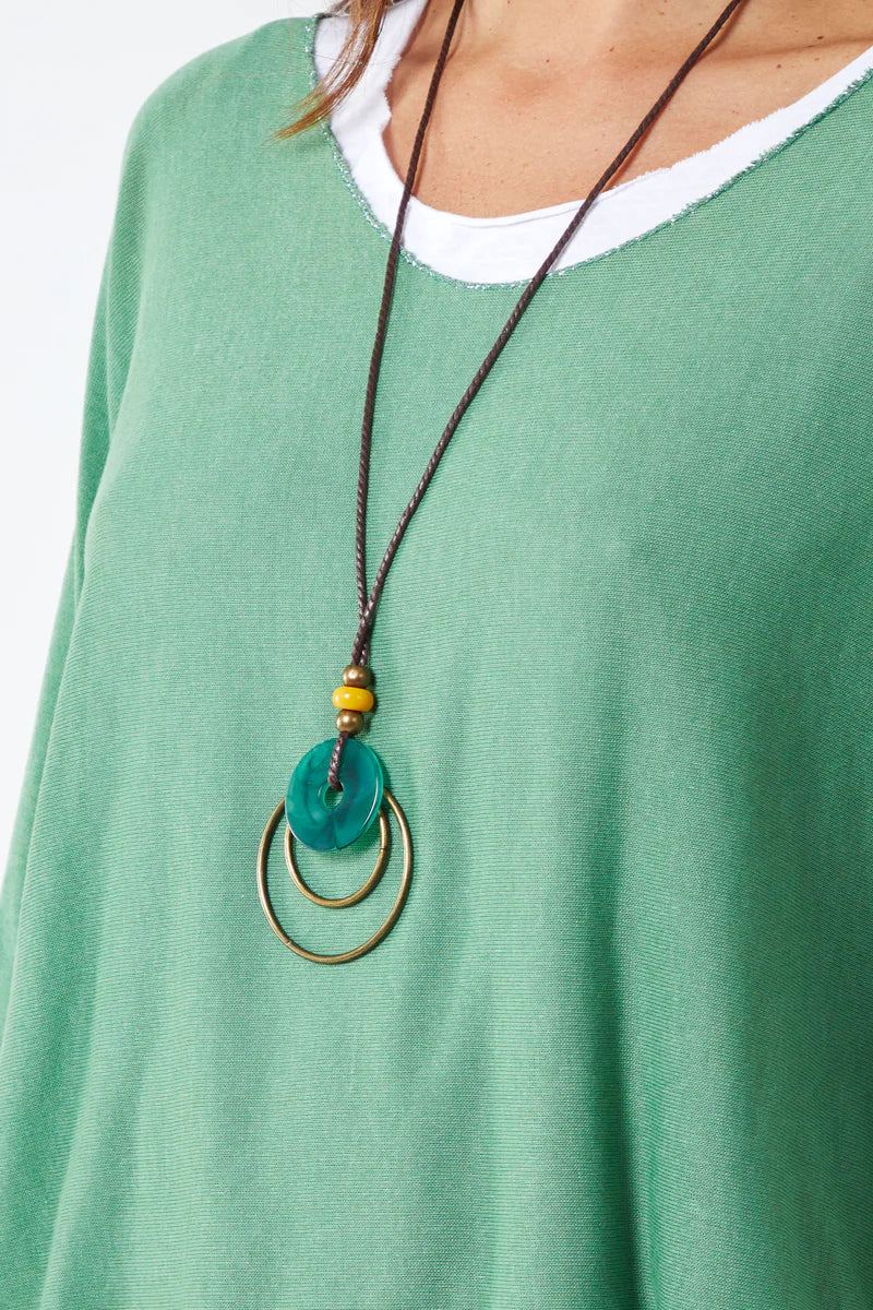 Oversized Long Sleeves Layered Blouse With Necklace In Light Green And White