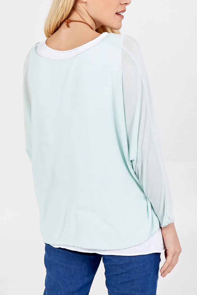 Oversized Long Sleeves Layered Blouse With Necklace In Mint And White