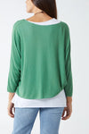 Oversized Long Sleeves Layered Blouse With Necklace In Light Green And White