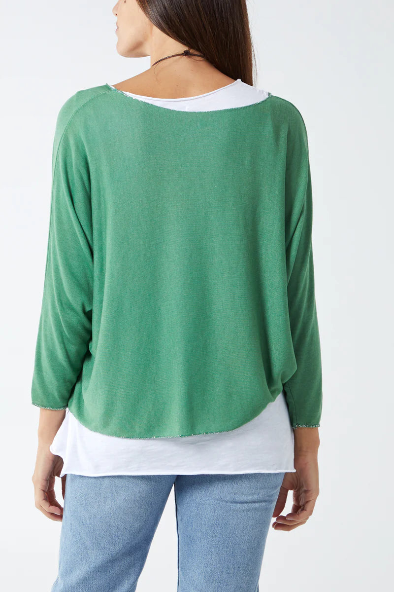 Oversized Long Sleeves Layered Blouse With Necklace In Light Green And White