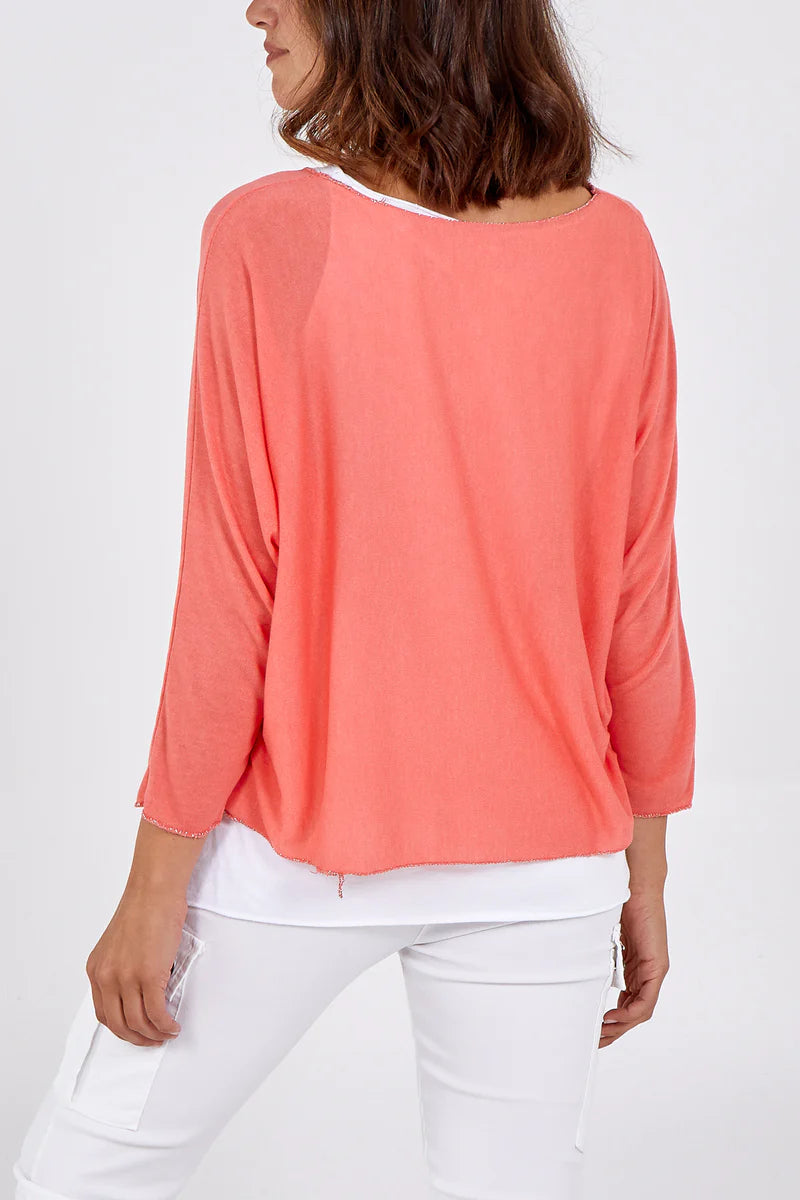 Oversized Long Sleeves Layered Blouse With Necklace In Coral And White