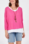 Oversized Long Sleeves Layered Blouse With Necklace In Pink And White