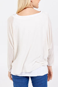 Oversized Long Sleeves Layered Blouse With Necklace In Beige And White