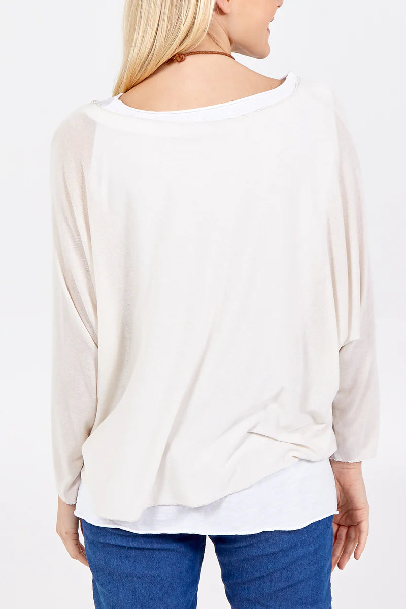 Oversized Long Sleeves Layered Blouse With Necklace In Beige And White