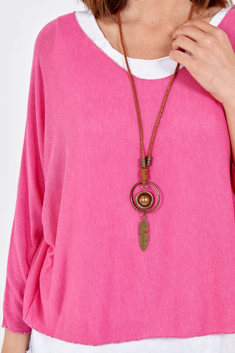 Oversized Long Sleeves Layered Blouse With Necklace In Pink And White