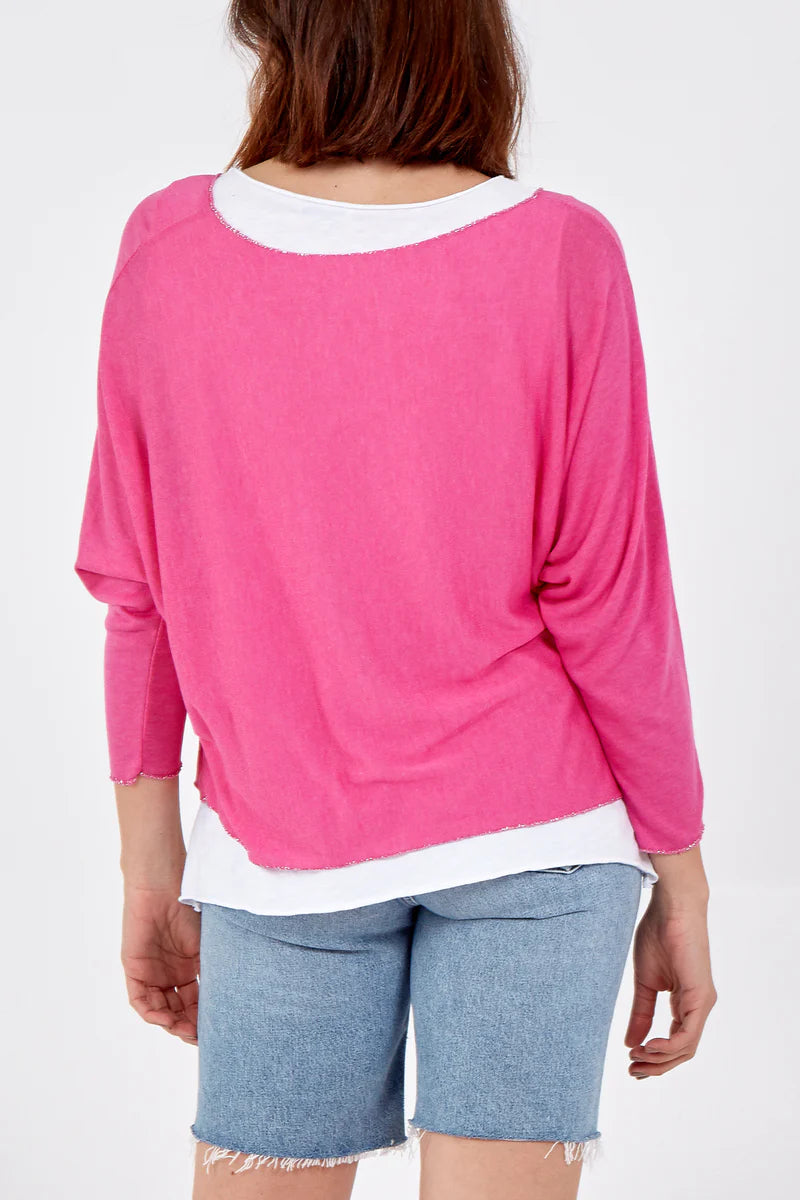 Oversized Long Sleeves Layered Blouse With Necklace In Pink And White