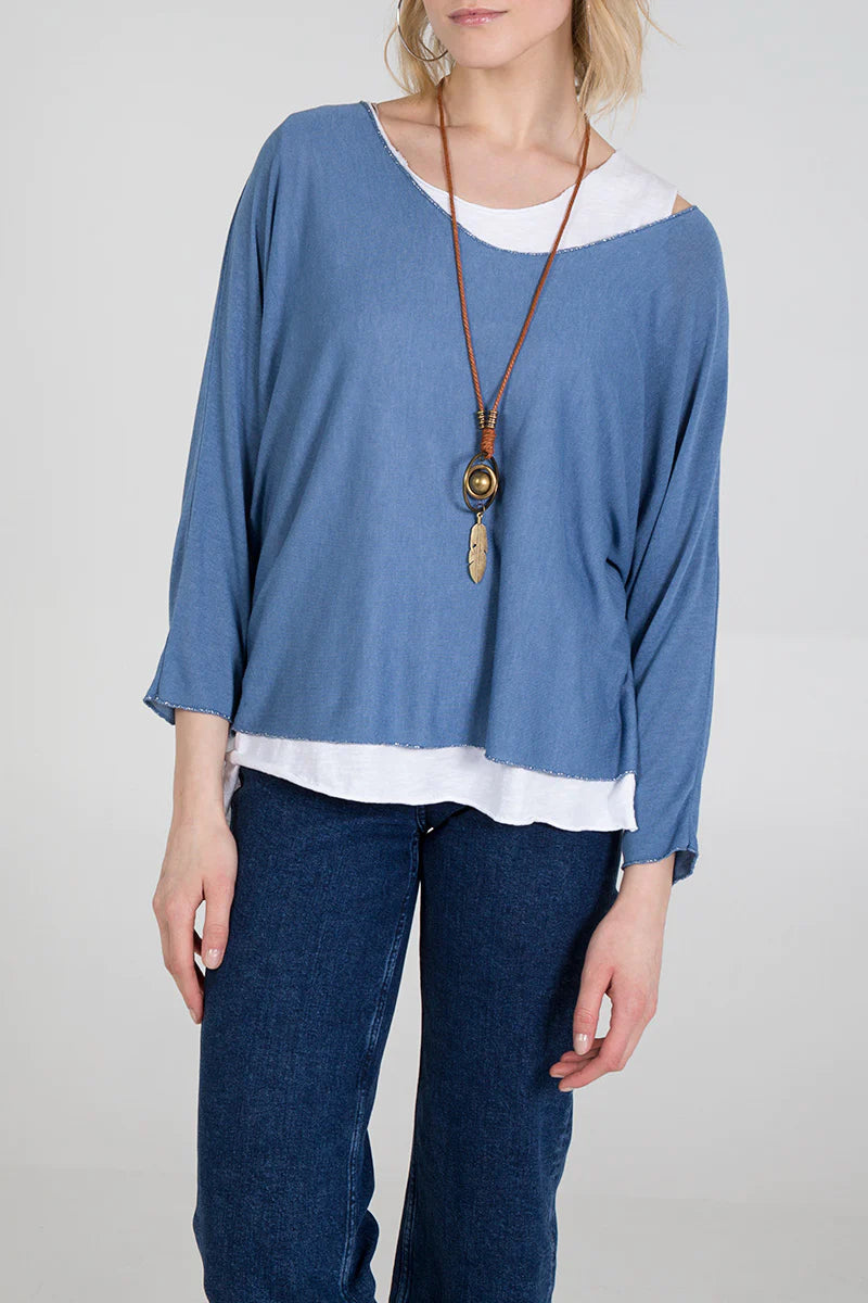 Oversized Long Sleeves Layered Blouse with Necklace in Blue and White