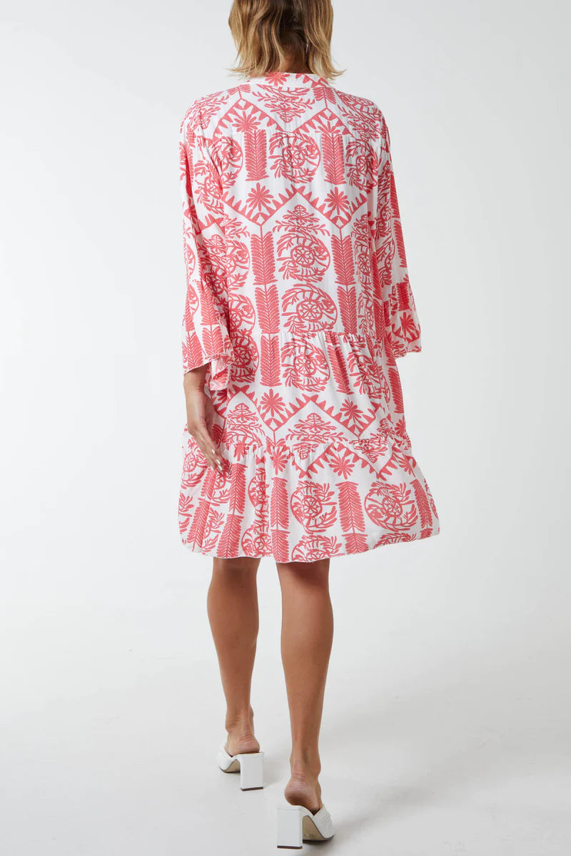 Oversized Long Sleeves Printed Smock Dress in Orange