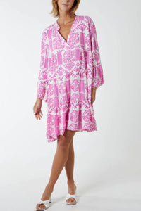 Oversized Long Sleeves Printed Smock Dress in Pink