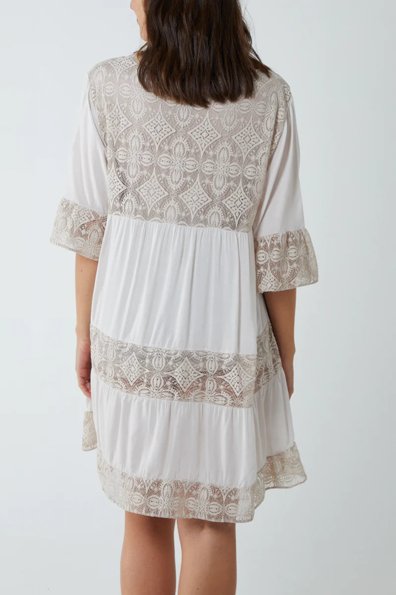 Oversized 3/4 Sleeves Lace Detailed V Neck Mini Dress in Beige