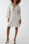 Oversized Broderie V Neck Knee Lenght Dress with Tassel Details in Beige