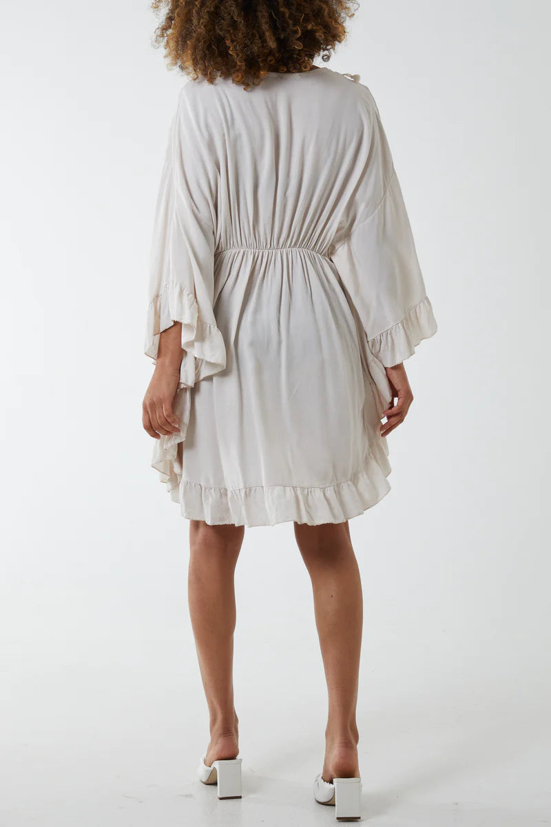 Oversized Broderie V Neck Knee Lenght Dress with Tassel Details in Beige