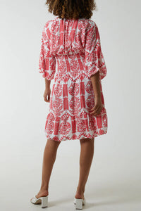 Oversized 3/4 Sleeves V Neck Detailed Floral Printed Mini Dress in Red