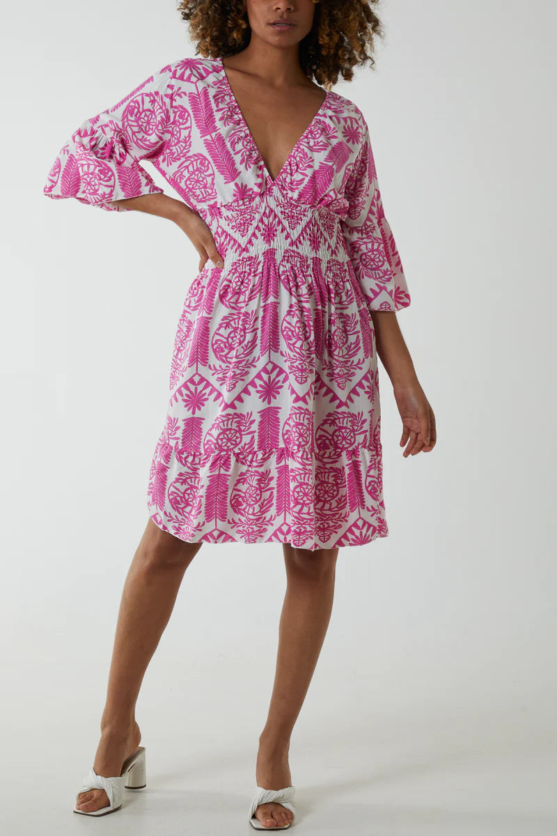 Oversized 3/4 Sleeves V Neck Detailed Floral Printed Mini Dress in Pink