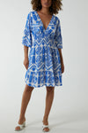 Oversized 3/4 Sleeves V Neck Detailed Floral Printed Mini Dress in Blue