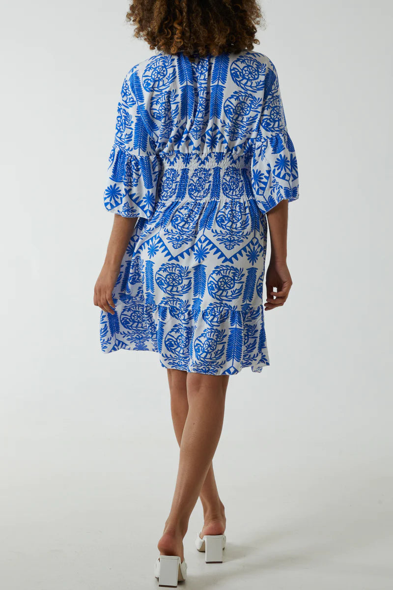 Oversized 3/4 Sleeves V Neck Detailed Floral Printed Mini Dress in Blue