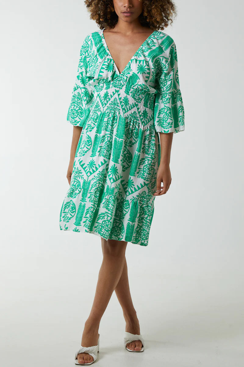 Oversized 3/4 Sleeves V Neck Detailed Floral Printed Mini Dress in Green
