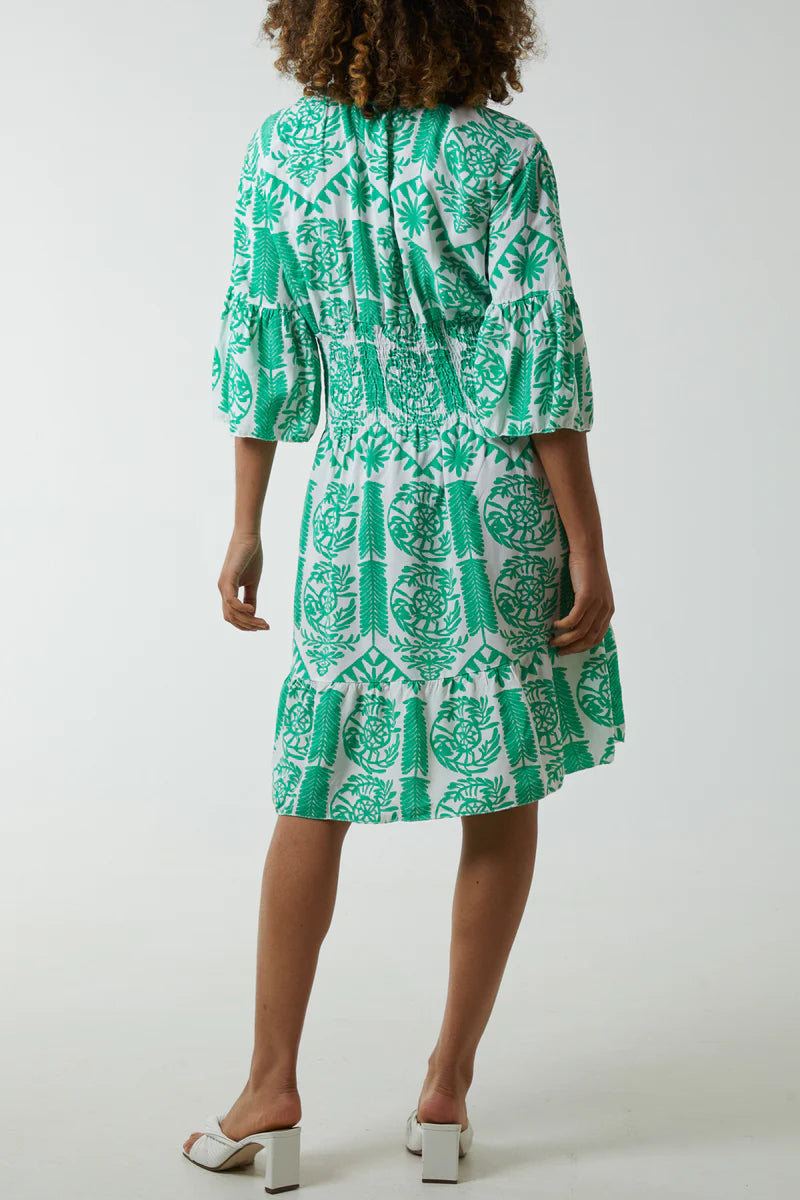 Oversized 3/4 Sleeves V Neck Detailed Floral Printed Mini Dress in Green