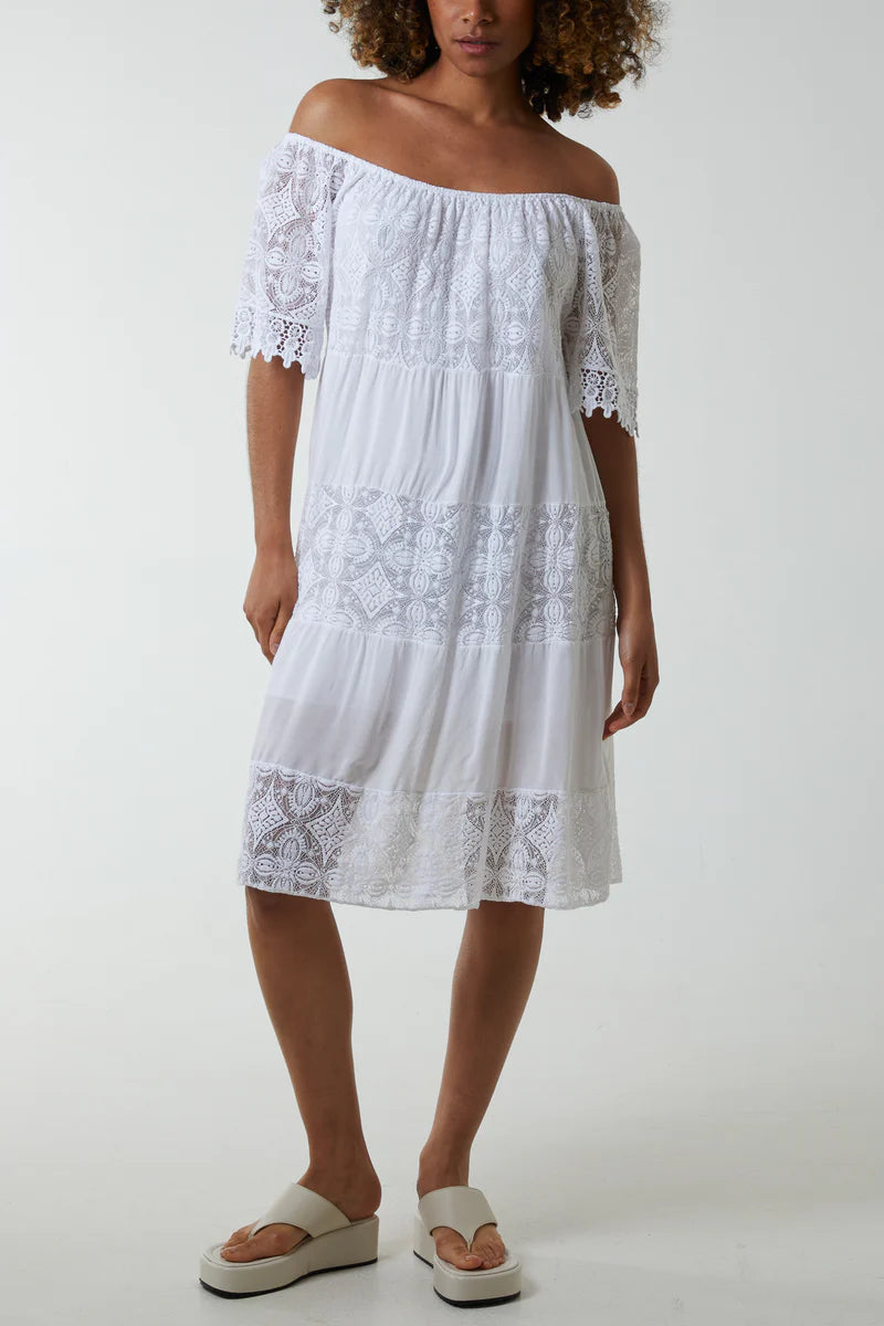 Oversized Off Shoulder Lace Detailed Midi Dress in White