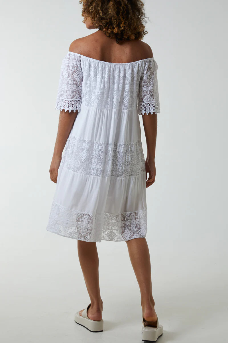 Oversized Off Shoulder Lace Detailed Midi Dress in White