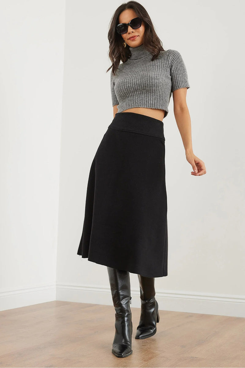 Waist-Banded Flared Knit Skirt