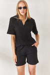 2-Piece Set Dusty Rose Polo Collar Top with Ribbed Pocket Shorts
