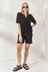 2-Piece Set Dusty Rose Polo Collar Top with Ribbed Pocket Shorts