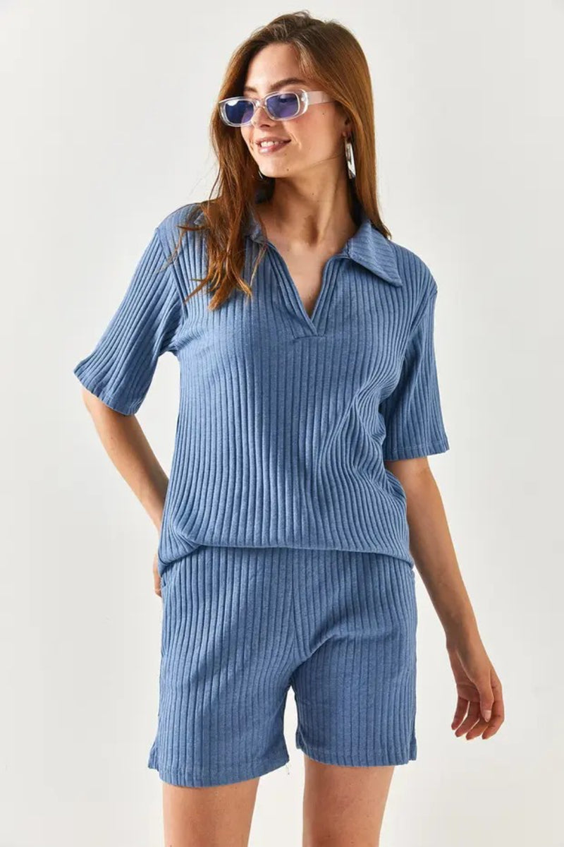 2-Piece Set Dusty Rose Polo Collar Top with Ribbed Pocket Shorts