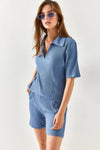 2-Piece Set Dusty Rose Polo Collar Top with Ribbed Pocket Shorts