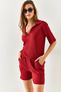 2-Piece Set Dusty Rose Polo Collar Top with Ribbed Pocket Shorts