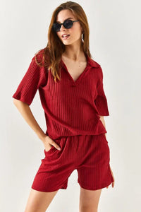 2-Piece Set Dusty Rose Polo Collar Top with Ribbed Pocket Shorts