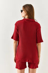 2-Piece Set Dusty Rose Polo Collar Top with Ribbed Pocket Shorts