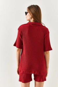 2-Piece Set Dusty Rose Polo Collar Top with Ribbed Pocket Shorts