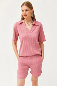 2-Piece Set Dusty Rose Polo Collar Top with Ribbed Pocket Shorts