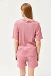 2-Piece Set Dusty Rose Polo Collar Top with Ribbed Pocket Shorts
