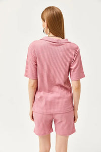 2-Piece Set Dusty Rose Polo Collar Top with Ribbed Pocket Shorts