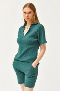 2-Piece Set Dusty Rose Polo Collar Top with Ribbed Pocket Shorts