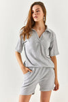 2-Piece Set Dusty Rose Polo Collar Top with Ribbed Pocket Shorts