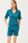 2-Piece Set Dusty Rose Polo Collar Top with Ribbed Pocket Shorts