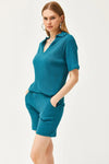 2-Piece Set Dusty Rose Polo Collar Top with Ribbed Pocket Shorts