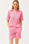 2-Piece Set Dusty Rose Polo Collar Top with Ribbed Pocket Shorts