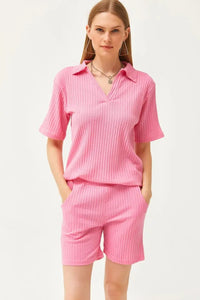 2-Piece Set Dusty Rose Polo Collar Top with Ribbed Pocket Shorts